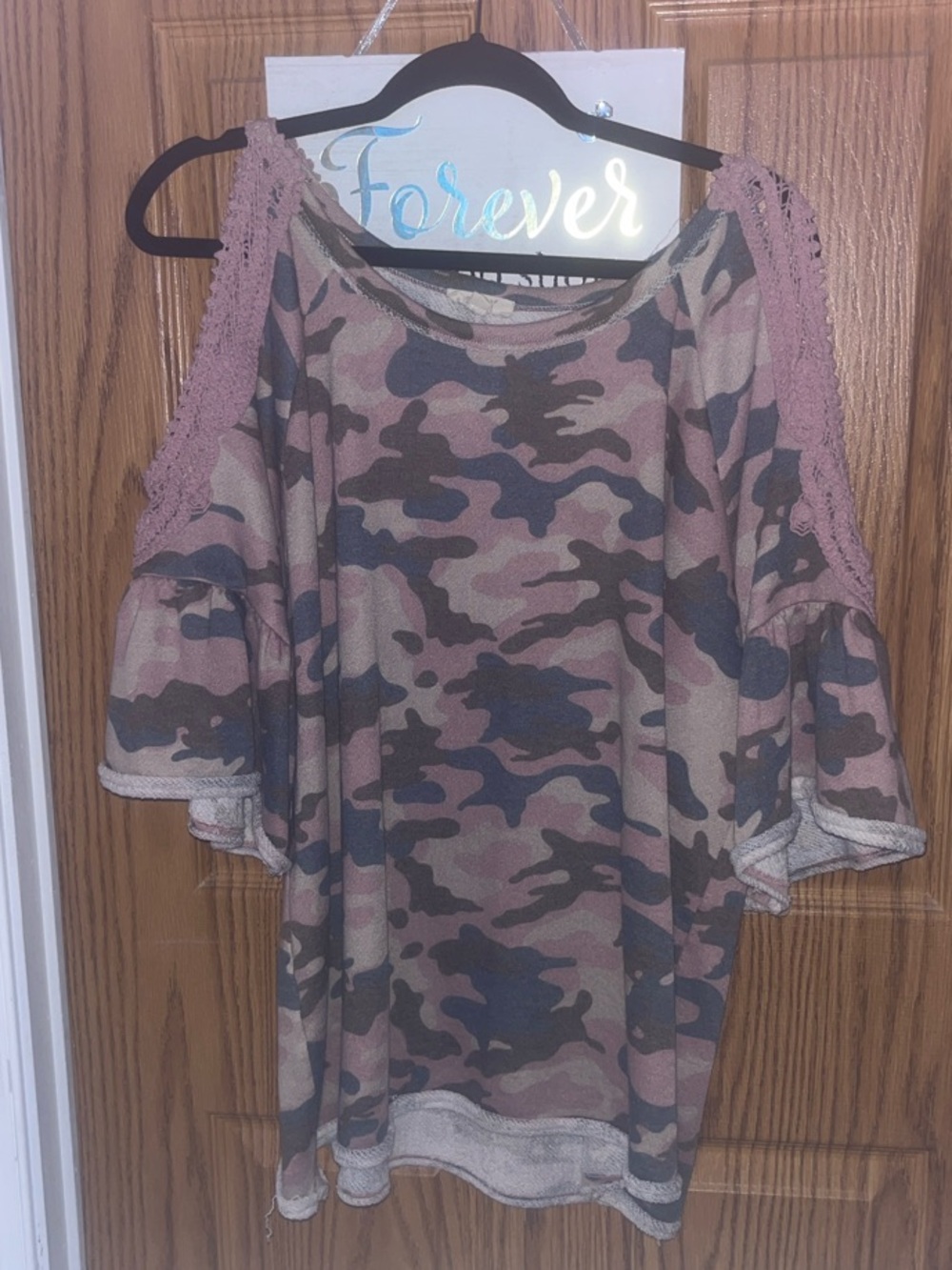 ODDY Pink and Gray Camo Cold-Shoulder Tunic with Crochet Trim